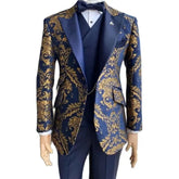 Floral Jacquard Tuxedo Suits for Men Wedding Slim Fit Navy Blue and Gold Gentleman Jacket with Vest Pant 3 Piece Male Costume